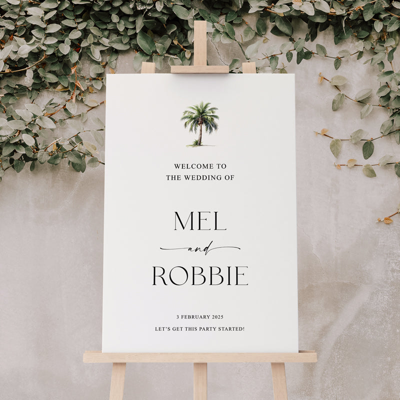 Tropical wedding welcome sign with watercolour palm tree. Arch and Round welcome sign. Peach Perfect Australia.
