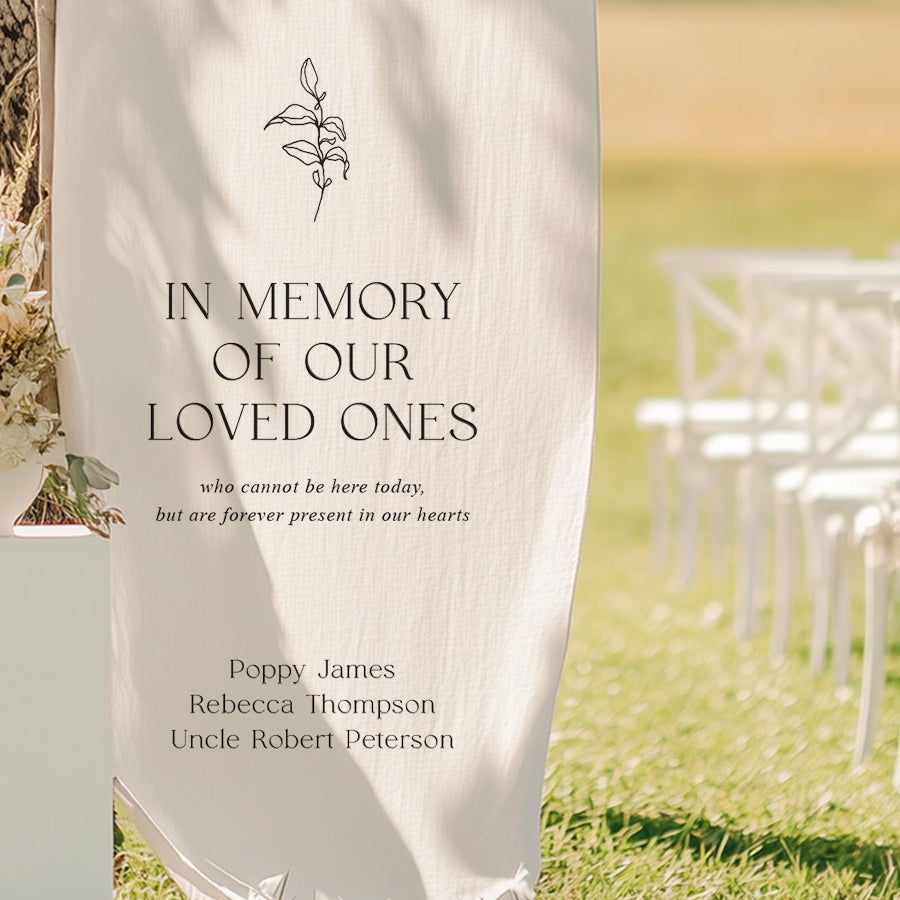 Reserved in memory of our loved ones sign printed on white linen fabric by Peach Perfect Weddings Australia