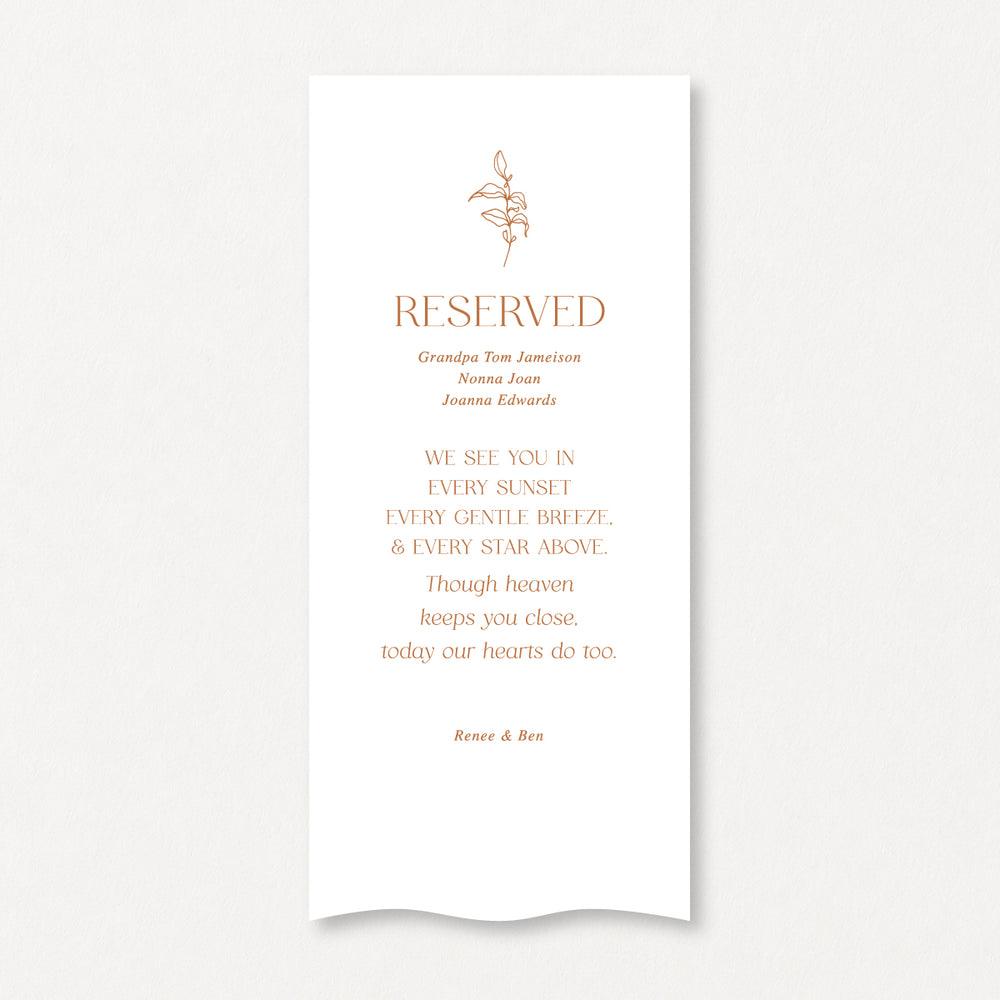 Reserved in loving memory wedding sign printed on white linen fabric by Peach Perfect Australia