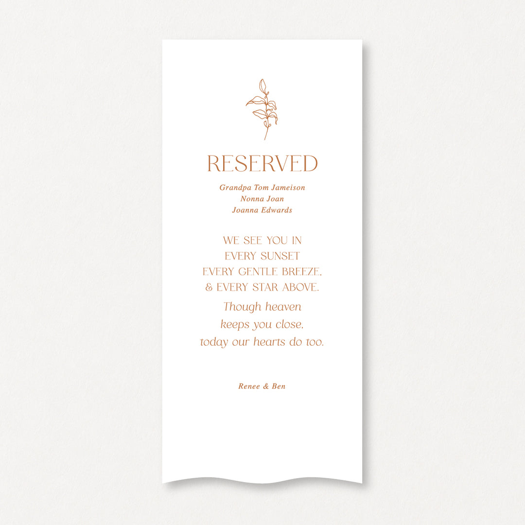 Reserved in loving memory wedding sign printed on white linen fabric by Peach Perfect Australia