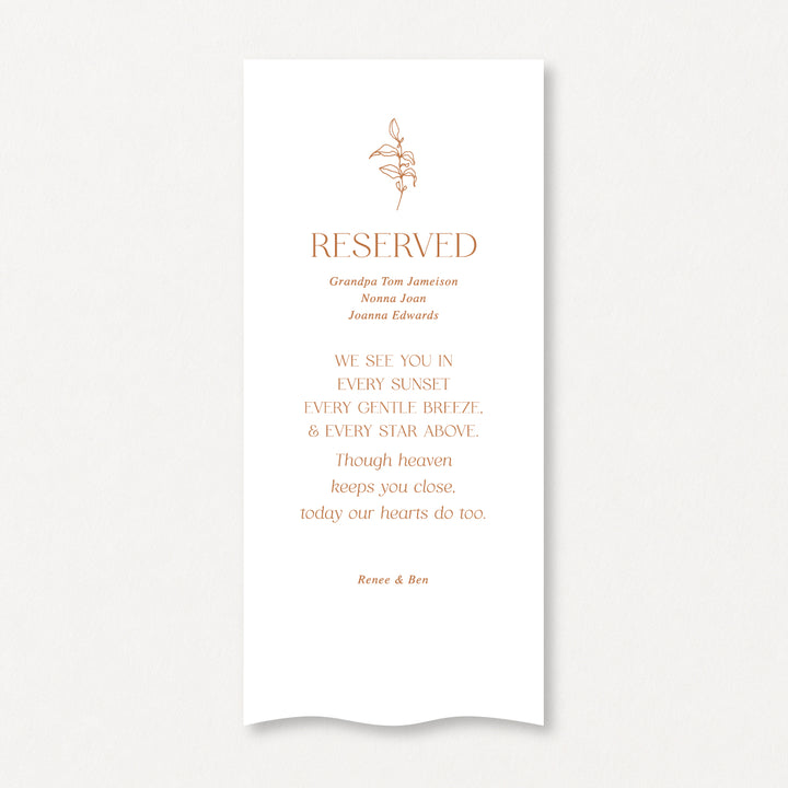 Reserved in loving memory wedding sign printed on white linen fabric by Peach Perfect Australia