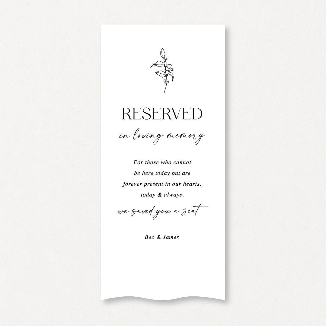 Reserved in loving memory wedding sign printed on white linen fabric by Peach Perfect Australia