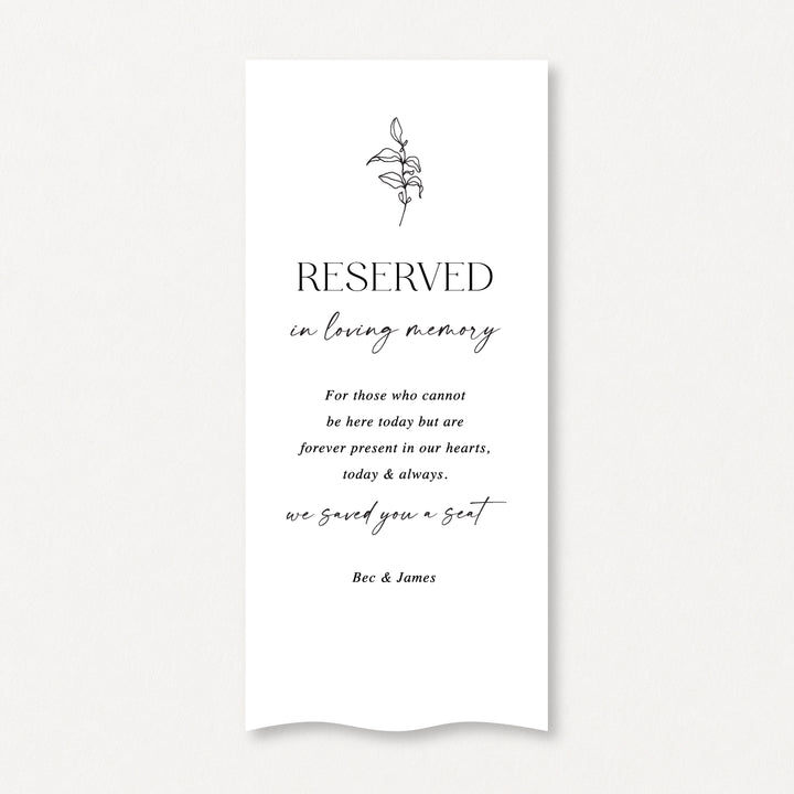 Reserved in loving memory wedding sign printed on white linen fabric by Peach Perfect Australia