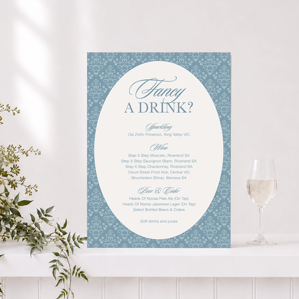 Rosamont wedding bar sign in dusty blue with &