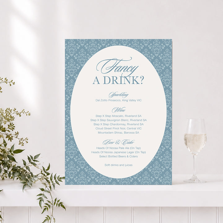 Rosamont wedding bar sign in dusty blue with &