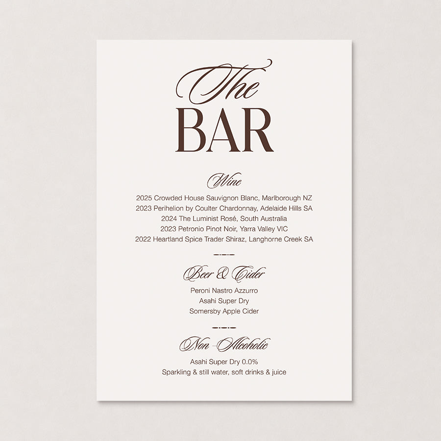 Old money wedding bar sign featuring a chocolate brown and creamy white colours and vintage-inspired lettering