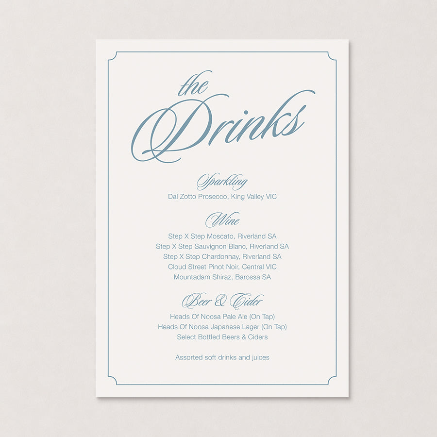 Rosamont wedding bar sign in dusty blue with refined typography, elegant border and heritage-inspired styling