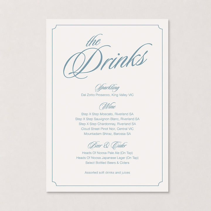 Rosamont wedding bar sign in dusty blue with refined typography, elegant border and heritage-inspired styling