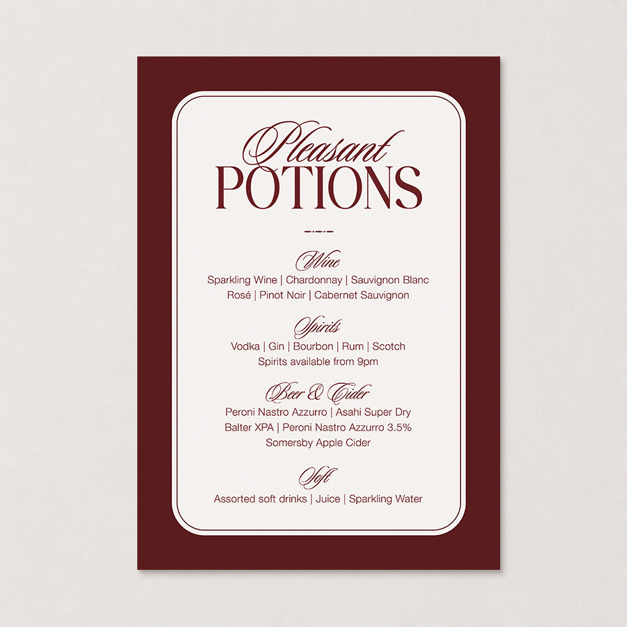Rosamont wedding bar sign in deep burgundy with elegant calligraphy and &