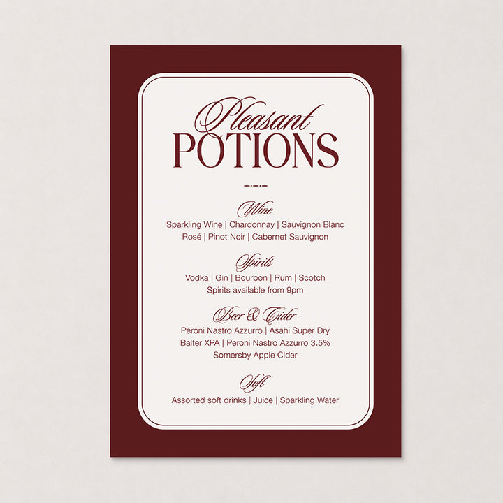 Rosamont wedding bar sign in deep burgundy with elegant calligraphy and &