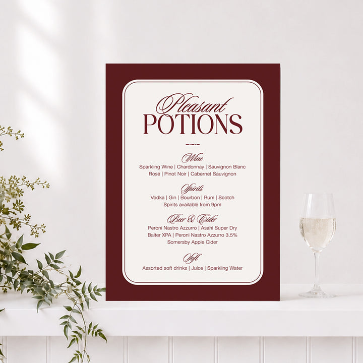 Rosamont wedding bar sign in deep burgundy with elegant calligraphy and &