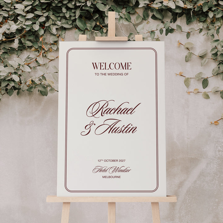 Rosamont old money wedding welcome sign in burgundy with double border and elegant calligraphy