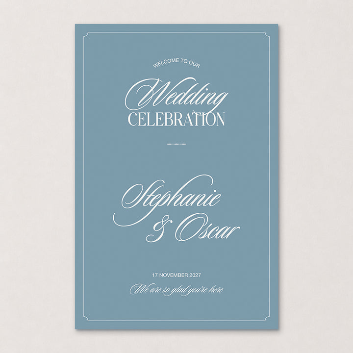 Rosamont old money wedding welcome sign in dusty blue with border and traditional calligraphy