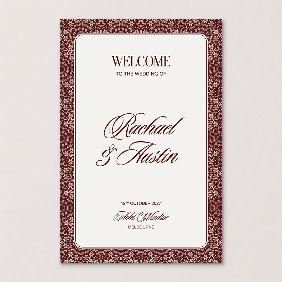Rosamont old money wedding welcome sign featuring a burgundy floral patterned border, elegant calligraphy and classic typography