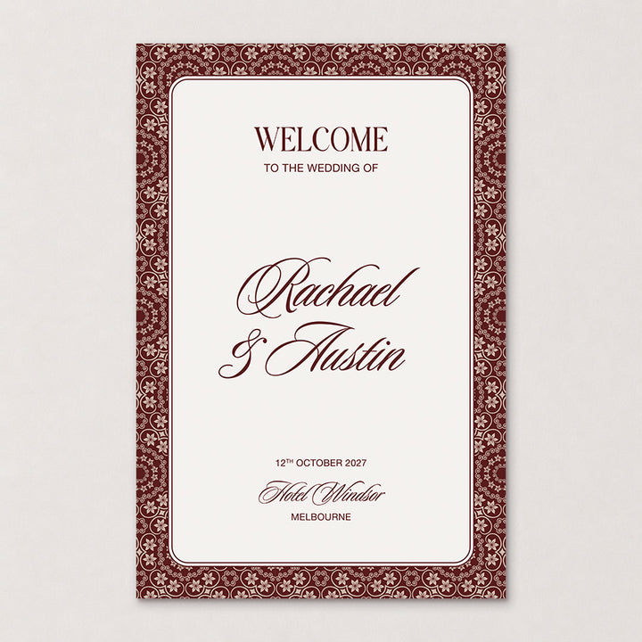 Rosamont old money wedding welcome sign featuring a burgundy floral patterned border, elegant calligraphy and classic typography