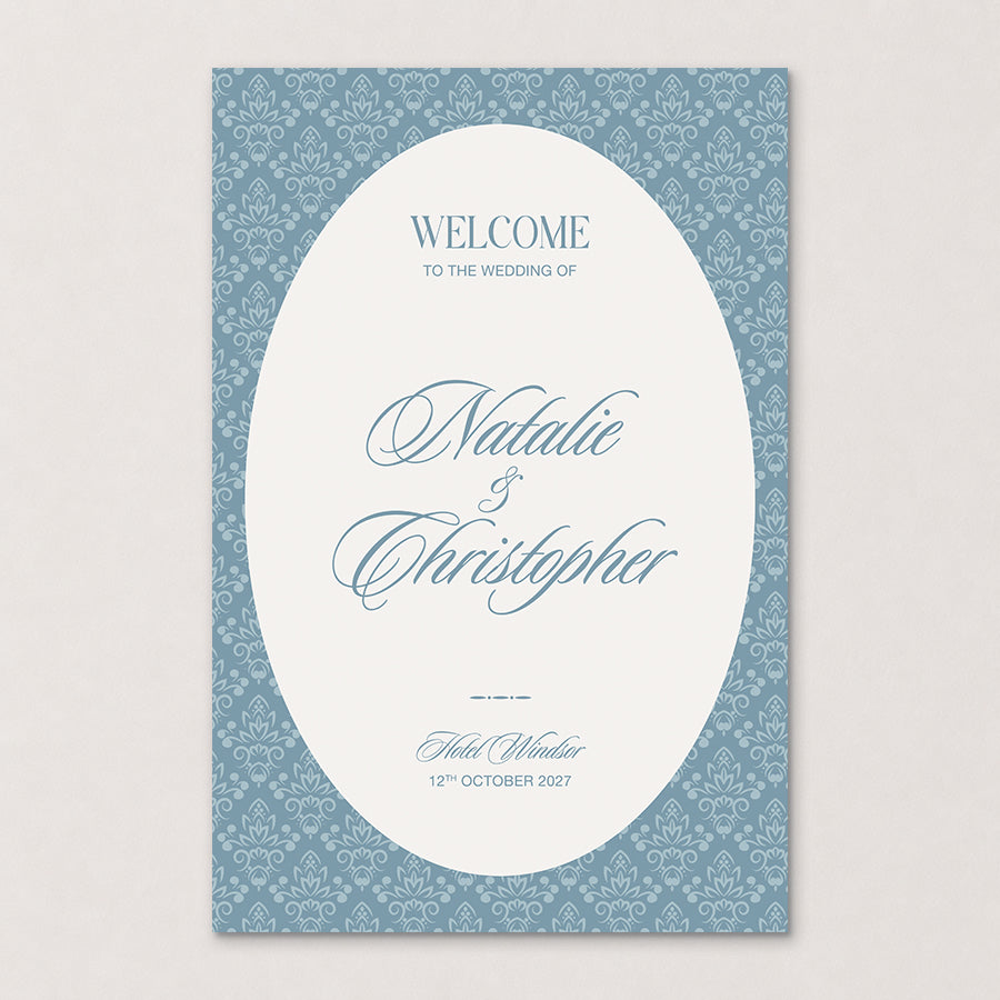 Rosamont old money wedding welcome sign featuring a blue baroque pattern, elegant calligraphy