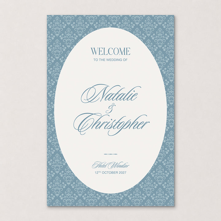 Rosamont old money wedding welcome sign featuring a blue baroque pattern, elegant calligraphy