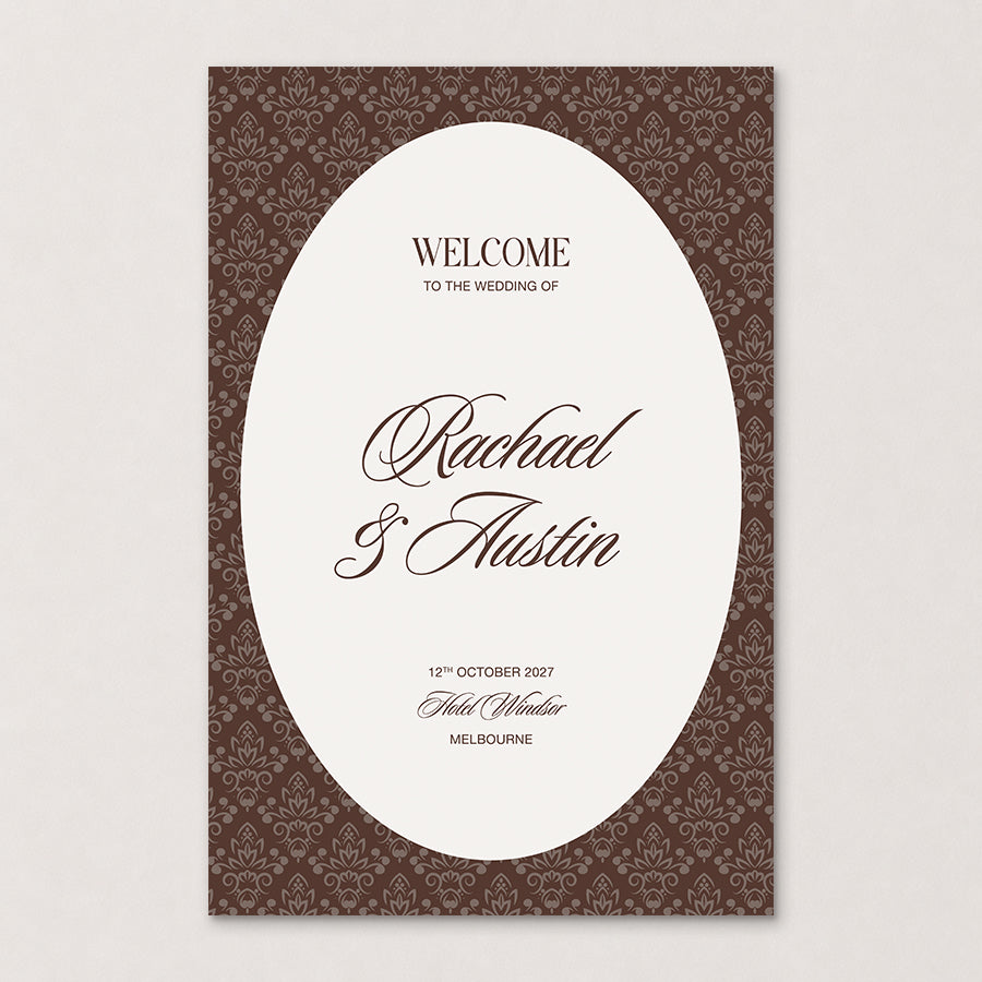 Rosamont old money wedding welcome sign featuring a chocolate baroque patterned border, elegant calligraphy and classic typography