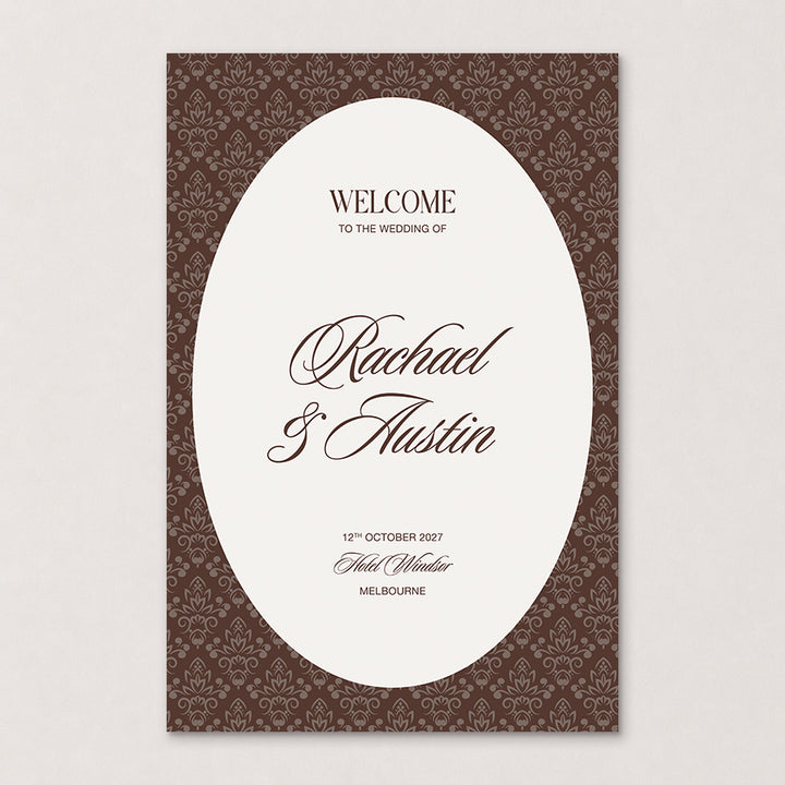 Rosamont old money wedding welcome sign featuring a chocolate baroque patterned border, elegant calligraphy and classic typography