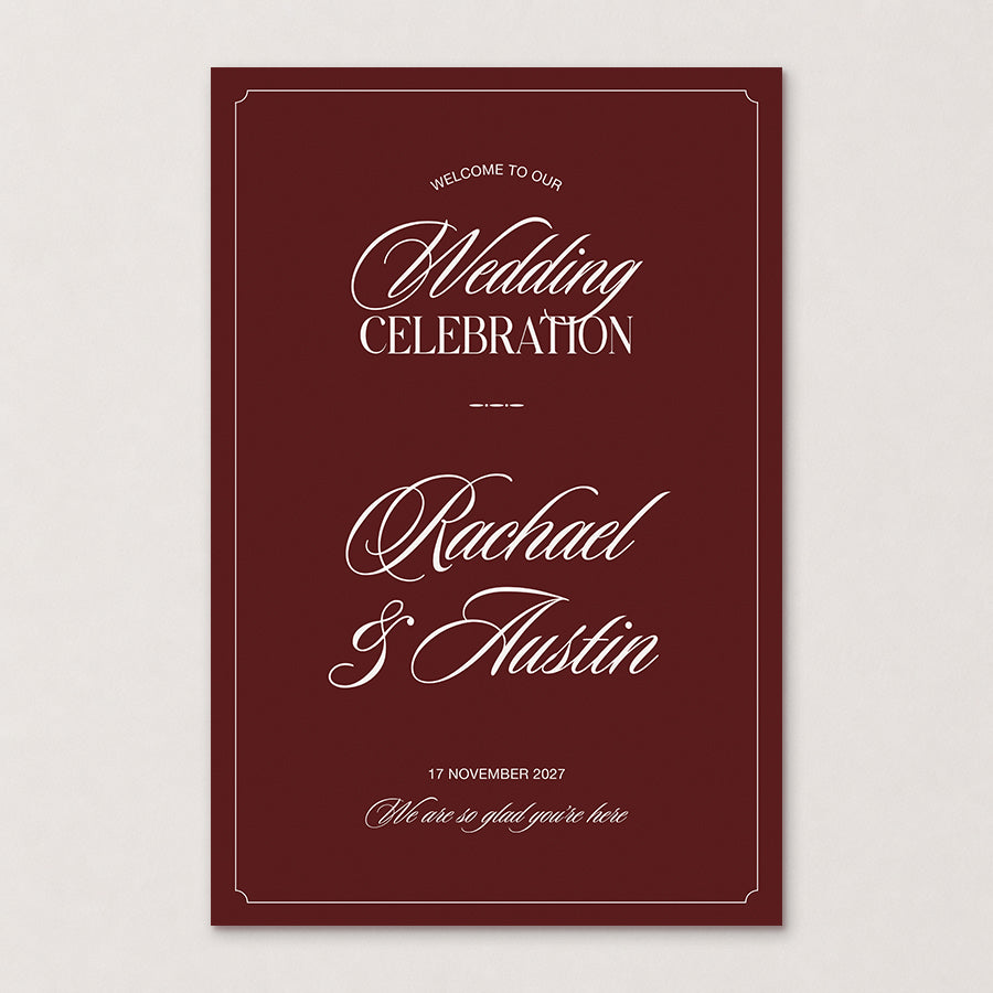 Rosamont old money wedding welcome sign featuring a red burgundy border and traditional calligraphy