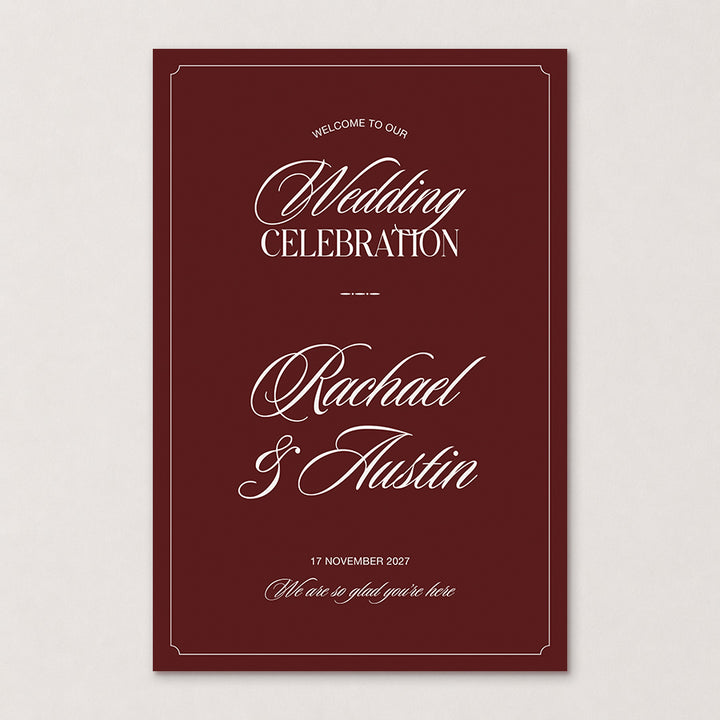 Rosamont old money wedding welcome sign featuring a red burgundy border and traditional calligraphy