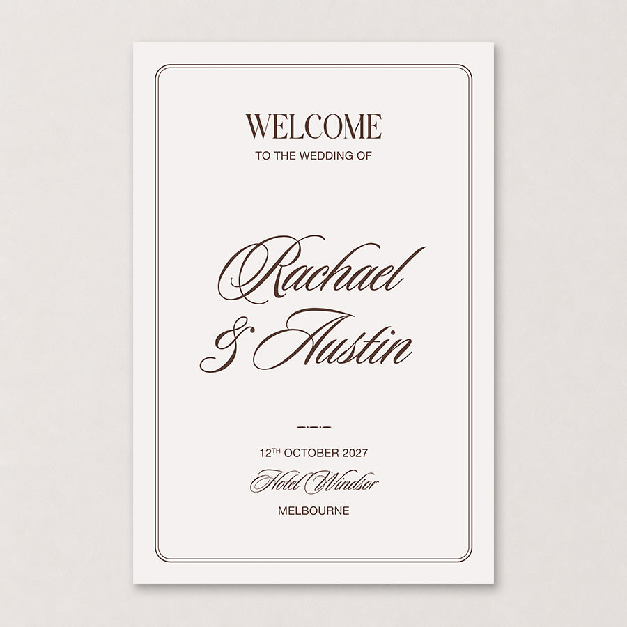 Rosamont old money wedding welcome sign featuring a chocolate brown double rounded border classic calligraphy