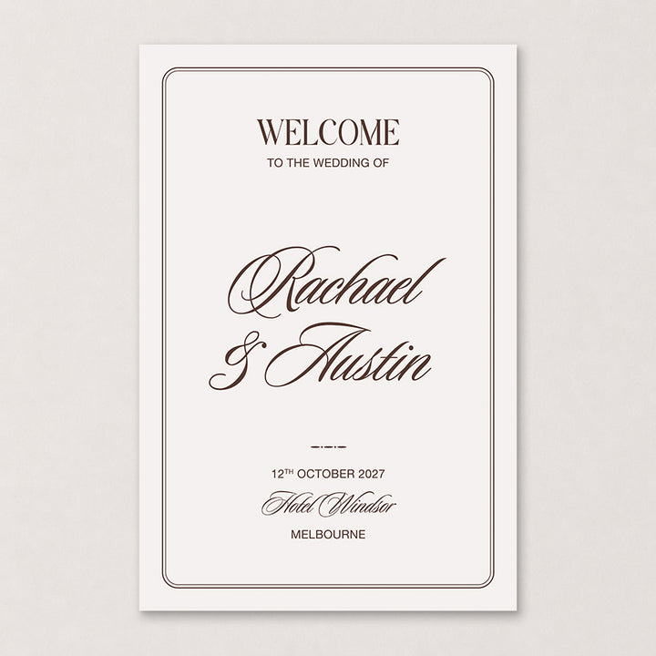Rosamont old money wedding welcome sign featuring a chocolate brown double rounded border classic calligraphy