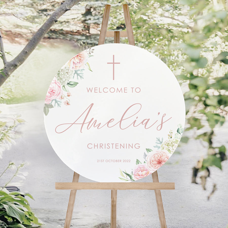 Round shape Baptism or Christening welcome sign with pink and blush flowers and greenery. Peach Perfect Australia.