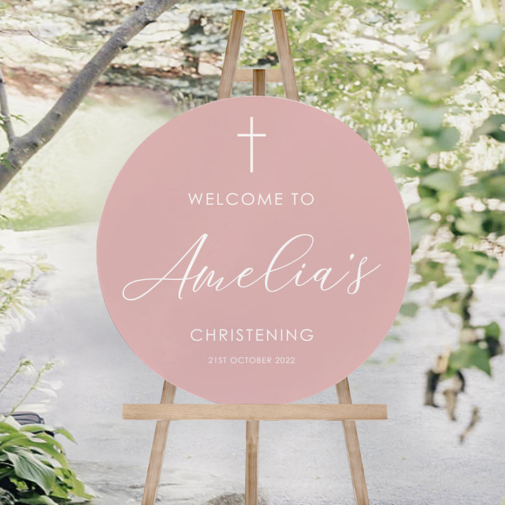 Round wedding or Baptism Welcome Sign with pink and white for girls. Christening sign Australia.