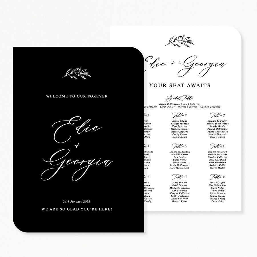 beautiful black and white laser cut wedding welcome sign with discounted seating chart package.