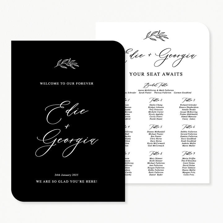 beautiful black and white laser cut wedding welcome sign with discounted seating chart package.
