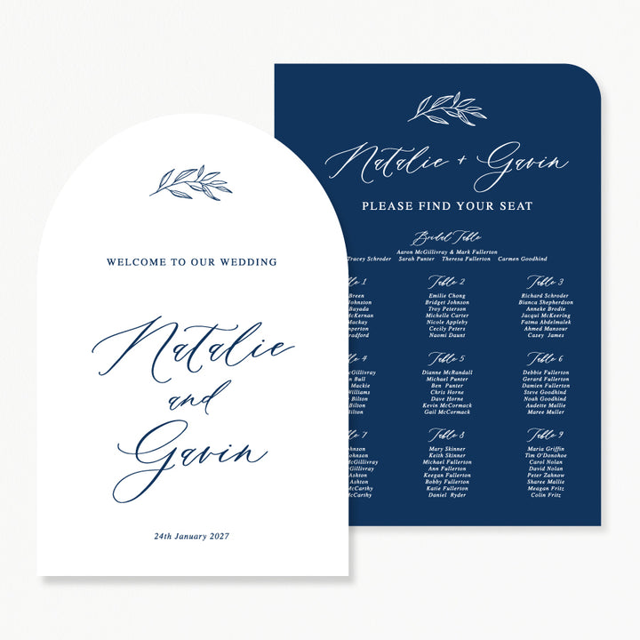 Discounted wedding welcome sign and seating chart bundle in navy blue and white with modern calligraphy Australia.