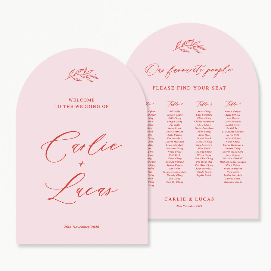 Discounted wedding welcome sign and seating chart bundle in baby pink and red, using calligraphy and arch shapes.