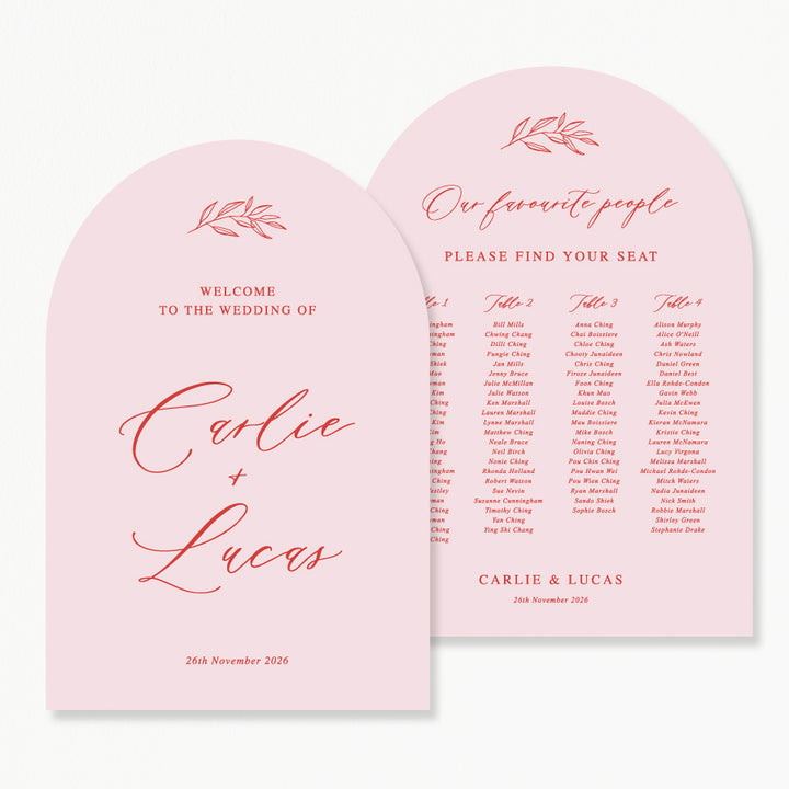 Discounted wedding welcome sign and seating chart bundle in baby pink and red, using calligraphy and arch shapes.