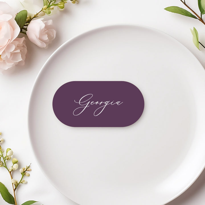 Double arch wedding or Baptism place cards or name cards with hello and the guest name in blackcurrant. Peach Perfect.