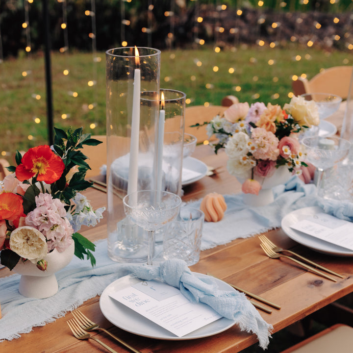 wedding menu and place card package in blue and white printed in australia
