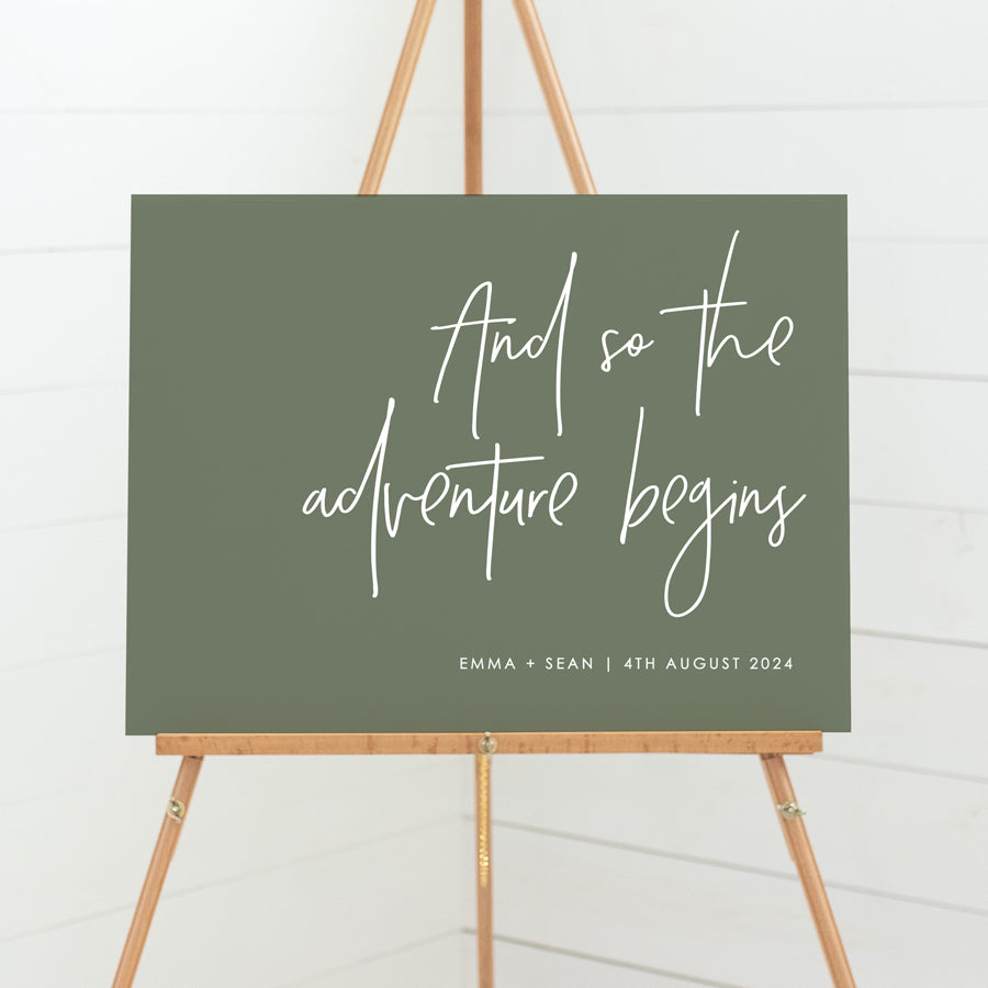 wedding welcome sign with wording and so the adventure begins in green and white. Designed and printed in Australia