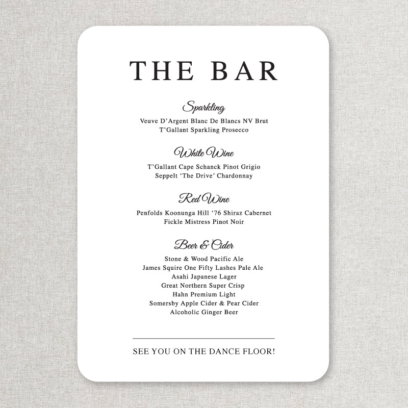 Modern timeless wedding or event bar beverages sign with rounded corners in black and white.