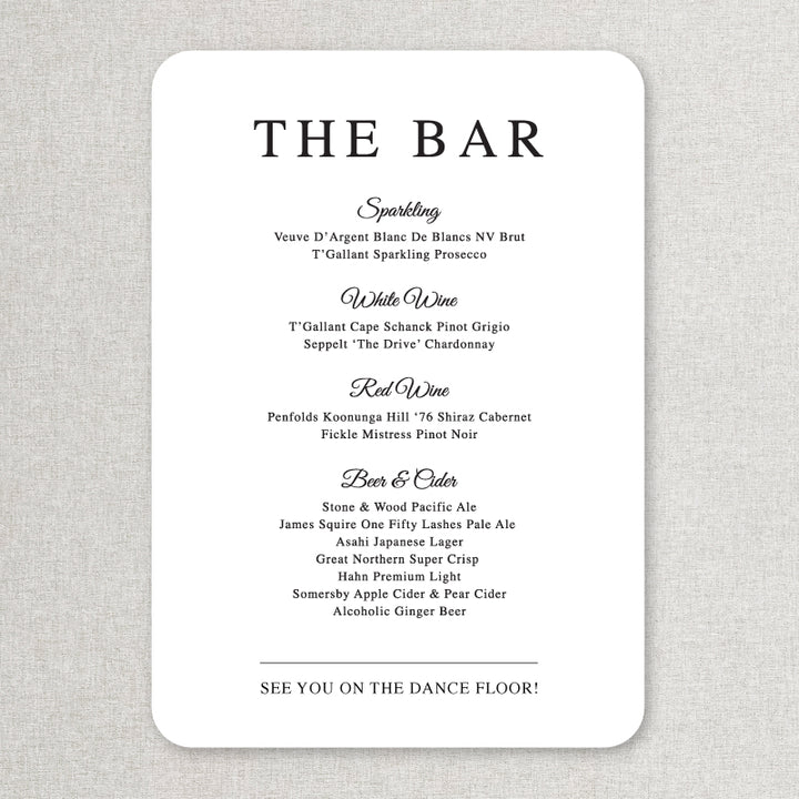 Modern timeless wedding or event bar beverages sign with rounded corners in black and white.