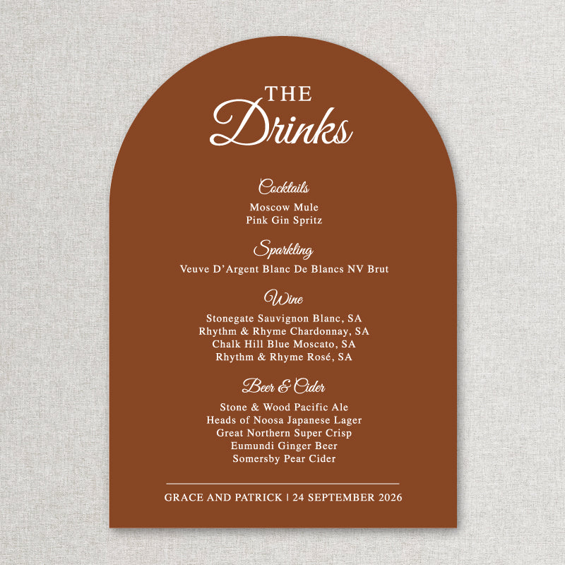 Timeless wedding or event bar beverages sign in arch shape in neutral terracotta and white printed in Australia.