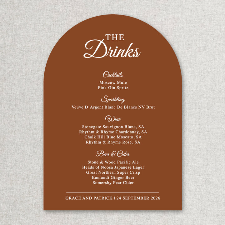 Timeless wedding or event bar beverages sign in arch shape in neutral terracotta and white printed in Australia.