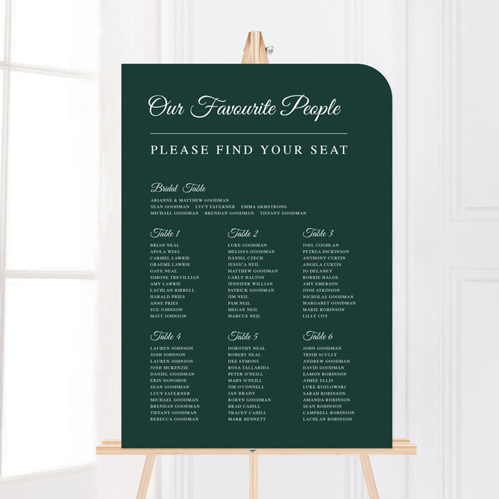 Wedding welcome sign on an easel printed on foamboard or acrylic. Rounded corner in green and white. Timeless calligraphy style.