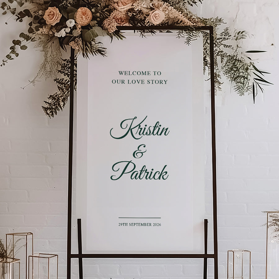 Timeless wedding welcome sign in deep green and white on foamboard or acrylic and printed in Australia.