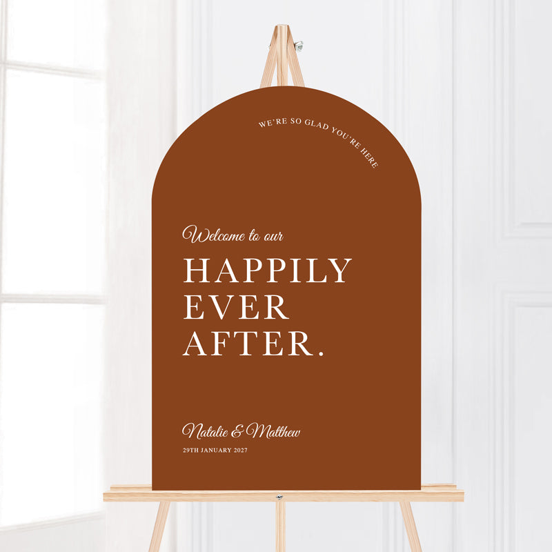 Timeless arch shape wedding welcome sign in terracotta and white on foamboard or acrylic and printed in Australia.
