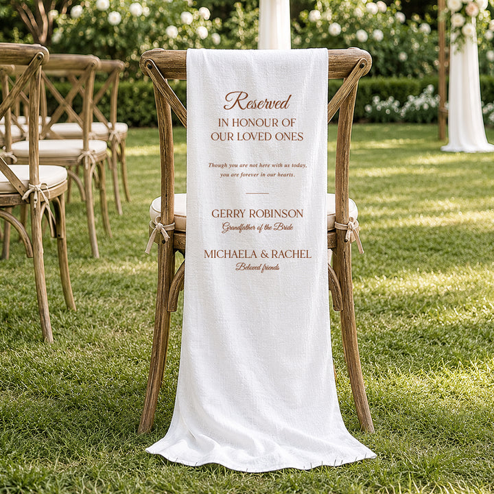 Timeless wedding reserved memorial sign printed on linen fabric in terracotta green ink. In honour of loved ones.