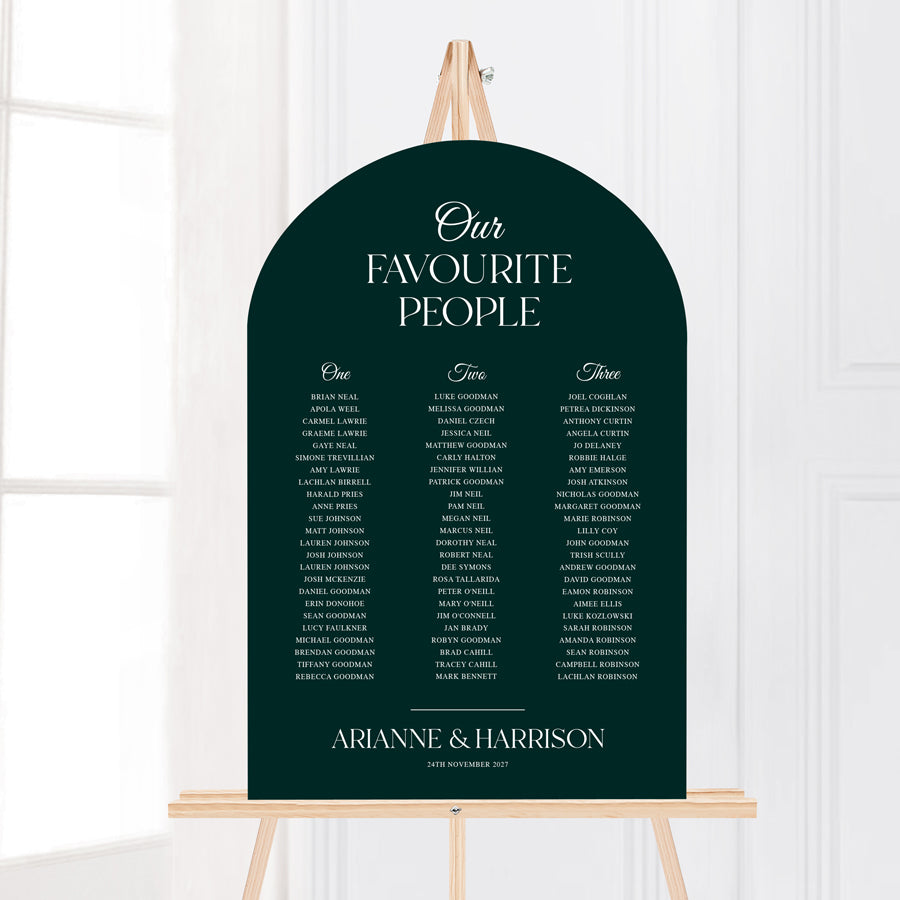 Our favourite people arch shape wedding wedding seating chart in emerald green and white, designed aqnd printed in Australia
