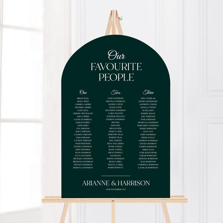 Our favourite people arch shape wedding wedding seating chart in emerald green and white, designed aqnd printed in Australia
