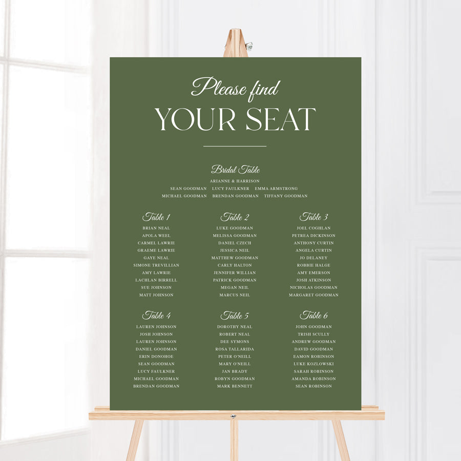 Timeless calligraphy wedding seating chart design and printed in Australia in green and white. Please find your seat.