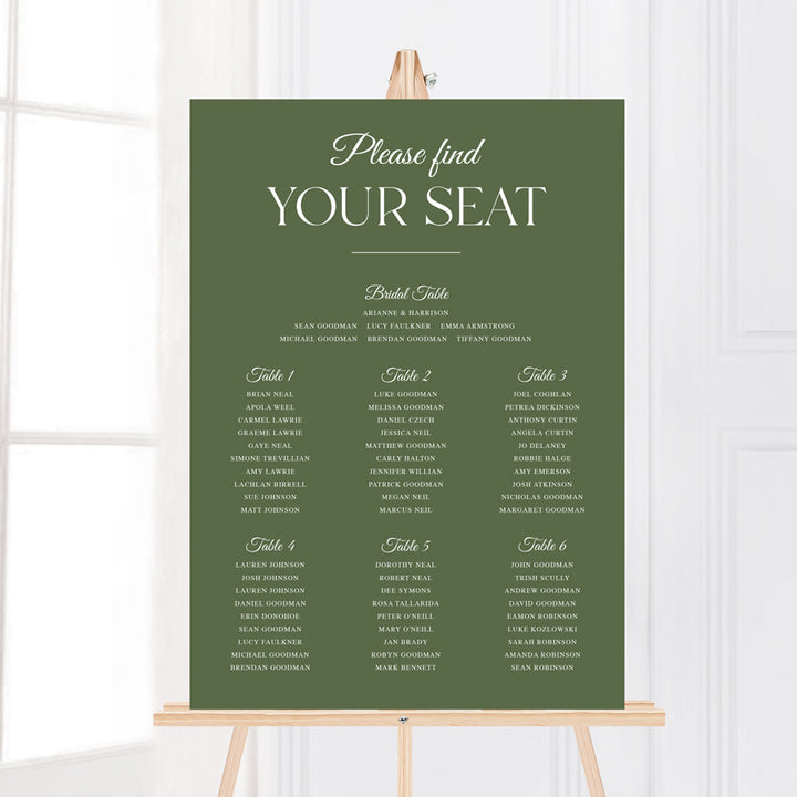 Timeless calligraphy wedding seating chart design and printed in Australia in green and white. Please find your seat.