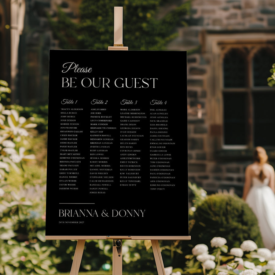 Timeless calligraphy wedding seating chart design and printed in Australia in black and white. Please find your seat.